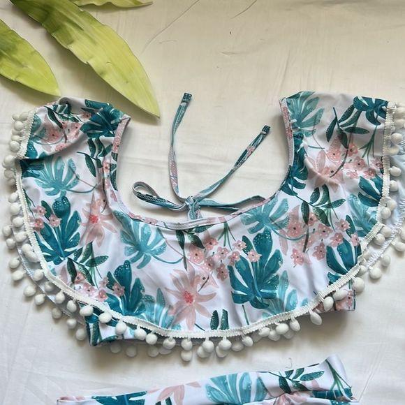 ⭐️tassel Halter Palm Print Off Shoulder Flounced Ruched High Waist Bikini Set⭐️ - Picture 8 of 12
